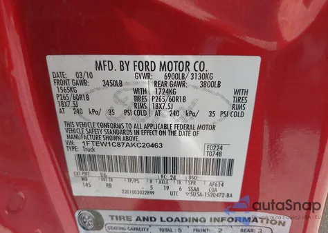2010 Ford F-150 Fx2 Sport/Xl/Xlt from USA, damaged, VIN 1FTEW1C87AKC20463